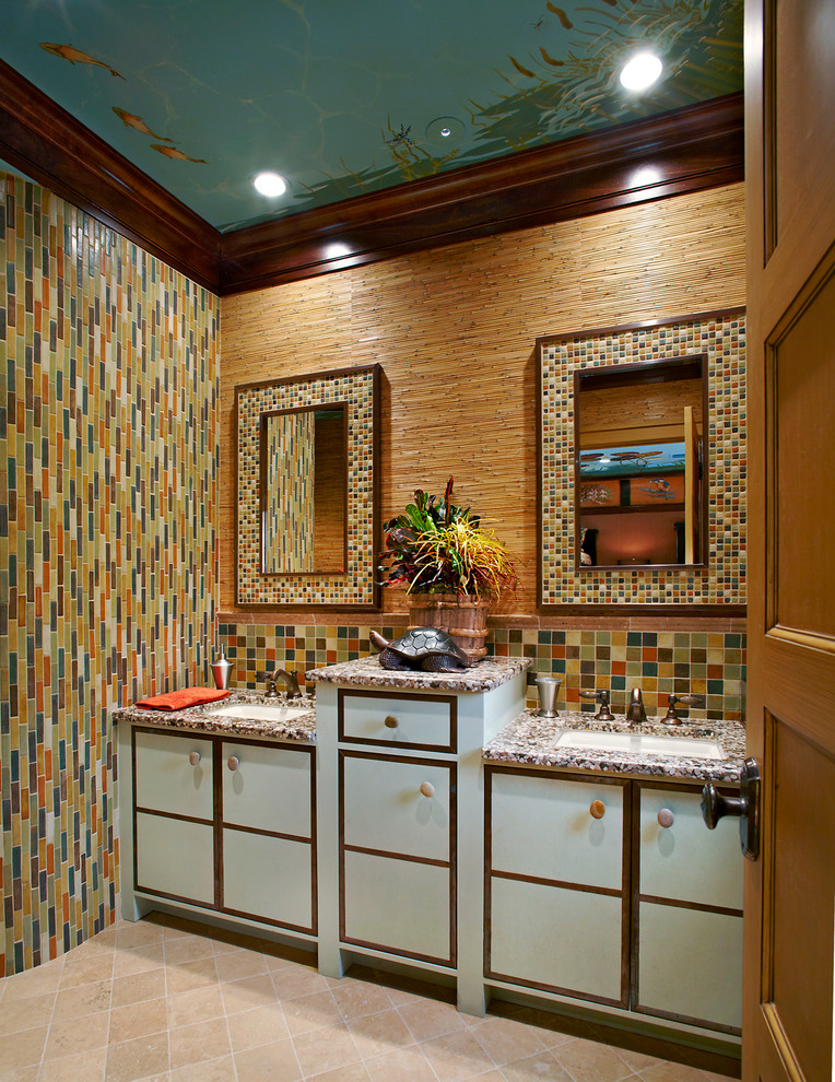 На фото: ванная комната в классическом стиле с врезной раковиной, плоскими фасадами, белыми фасадами, разноцветной плиткой и удлиненной плиткой