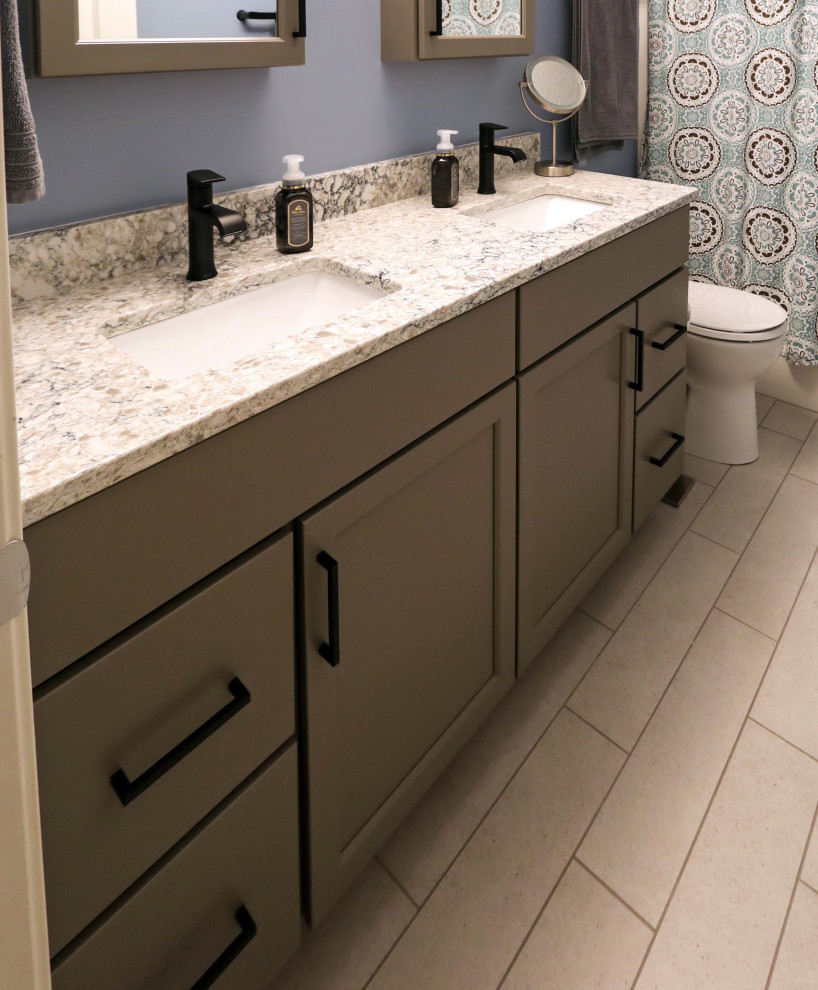 Inspiration for a small traditional family bathroom in Cleveland with flat-panel cabinets, grey cabinets, engineered stone worktops, beige worktops, double sinks and a freestanding vanity unit.