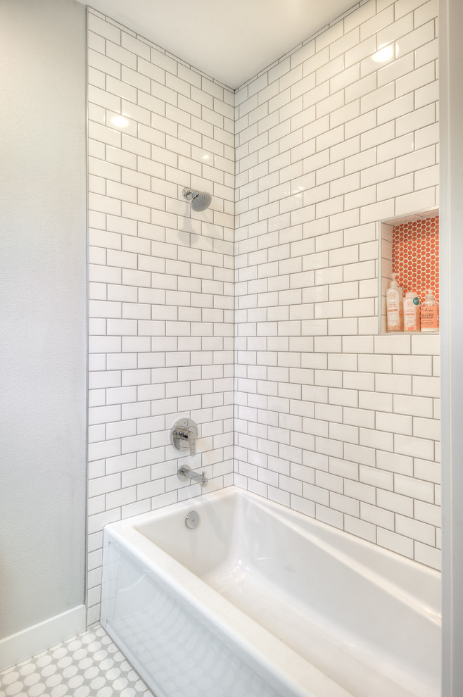 Small traditional family bathroom in Seattle with shaker cabinets, an alcove bath, a shower/bath combination, a two-piece toilet, white tiles, mosaic tiles, grey walls, mosaic tile flooring, a submerged sink, engineered stone worktops, grey floors and a shower curtain.