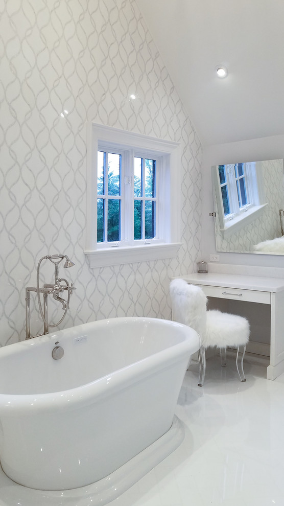 This is an example of a large traditional ensuite bathroom in New York with white tiles and white floors.