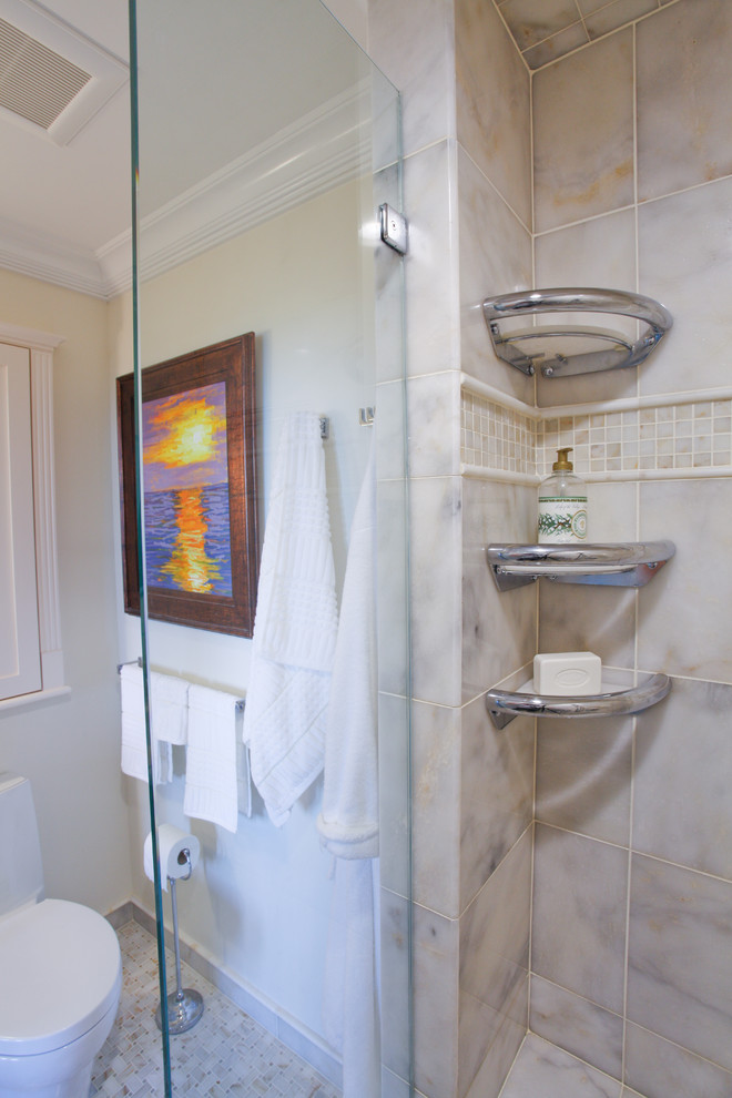 Пример оригинального дизайна: маленькая ванная комната в классическом стиле с белыми фасадами, душем в нише, серой плиткой, каменной плиткой, унитазом-моноблоком, белыми стенами, мраморным полом и душевой кабиной для на участке и в саду