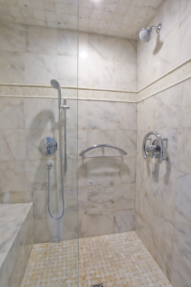 Example of a small classic 3/4 gray tile and stone tile marble floor double shower design in Charleston