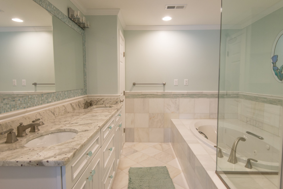 Design ideas for a large coastal ensuite bathroom in Other with recessed-panel cabinets, white cabinets, a hot tub, a corner shower, marble tiles, a submerged sink, marble worktops and marble flooring.