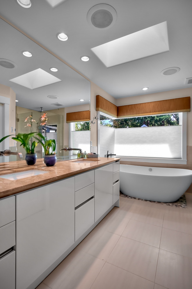 Photo of a contemporary bathroom in Seattle with a freestanding bath.