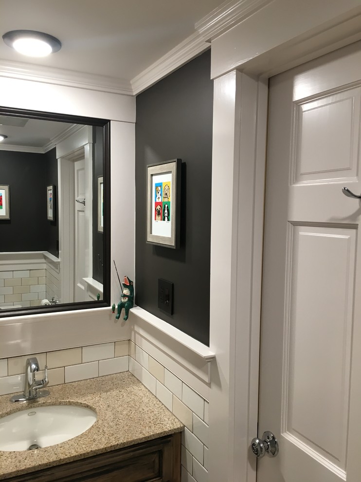 Design ideas for a small contemporary bathroom in Boston with raised-panel cabinets, distressed cabinets, a one-piece toilet, white tiles, ceramic tiles, brown walls, ceramic flooring, a submerged sink, granite worktops and beige floors.