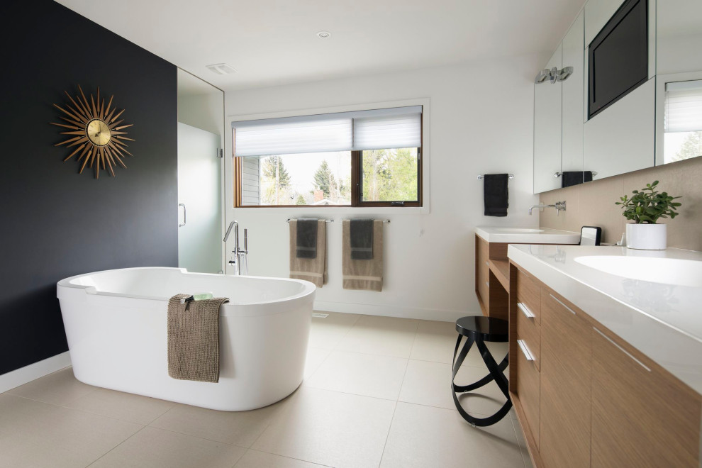 Design ideas for a large contemporary ensuite bathroom in Other with flat-panel cabinets, medium wood cabinets, a freestanding bath, an alcove shower, white walls, porcelain flooring, an integrated sink, beige floors, a hinged door, white worktops, double sinks and a floating vanity unit.