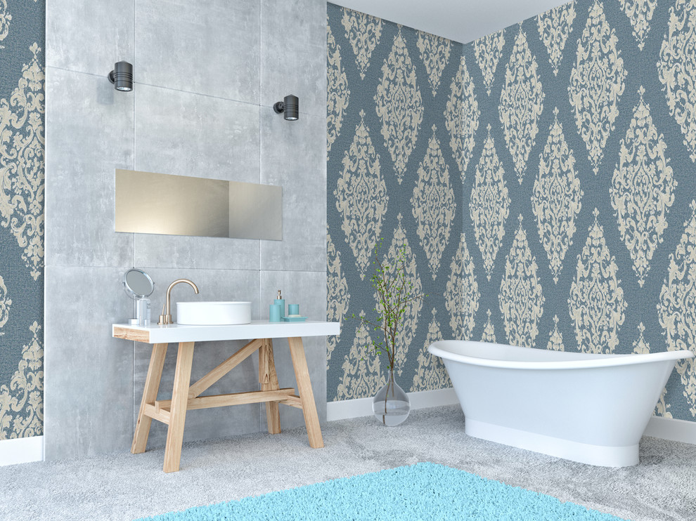 Immagine di una stanza da bagno stile shabby con pareti blu