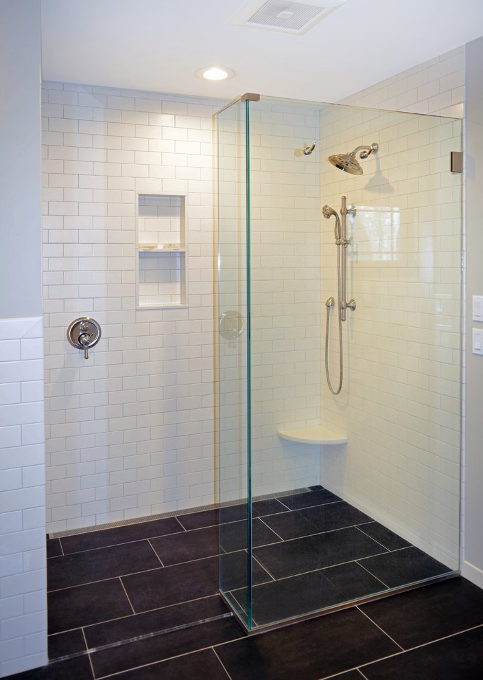 Example of a mid-sized arts and crafts master subway tile and red tile porcelain tile and gray floor bathroom design in Philadelphia with a pedestal sink, furniture-like cabinets, distressed cabinets and a one-piece toilet