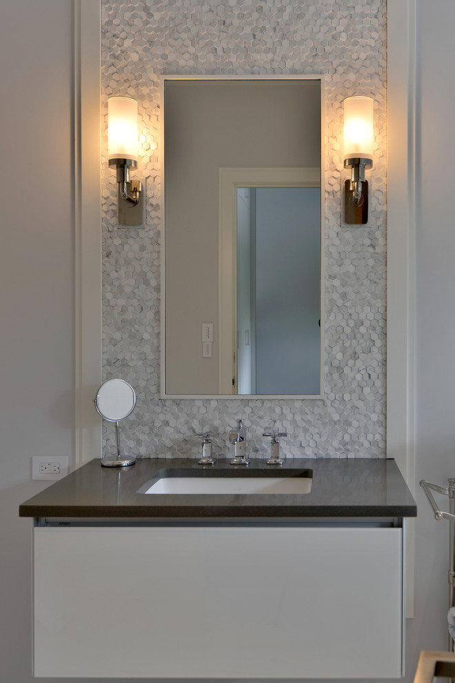 Mid-sized trendy 3/4 white tile and mosaic tile slate floor corner shower photo in New York with flat-panel cabinets, white cabinets, granite countertops, a one-piece toilet, an undermount sink and white walls
