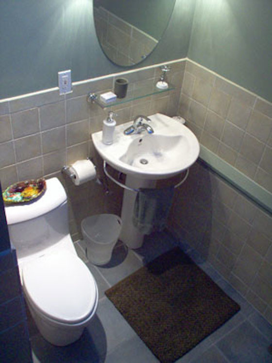 Diseño de cuarto de baño pequeño con lavabo con pedestal, sanitario de una pieza, baldosas y/o azulejos beige, baldosas y/o azulejos de cerámica, paredes verdes, suelo de pizarra y aseo y ducha