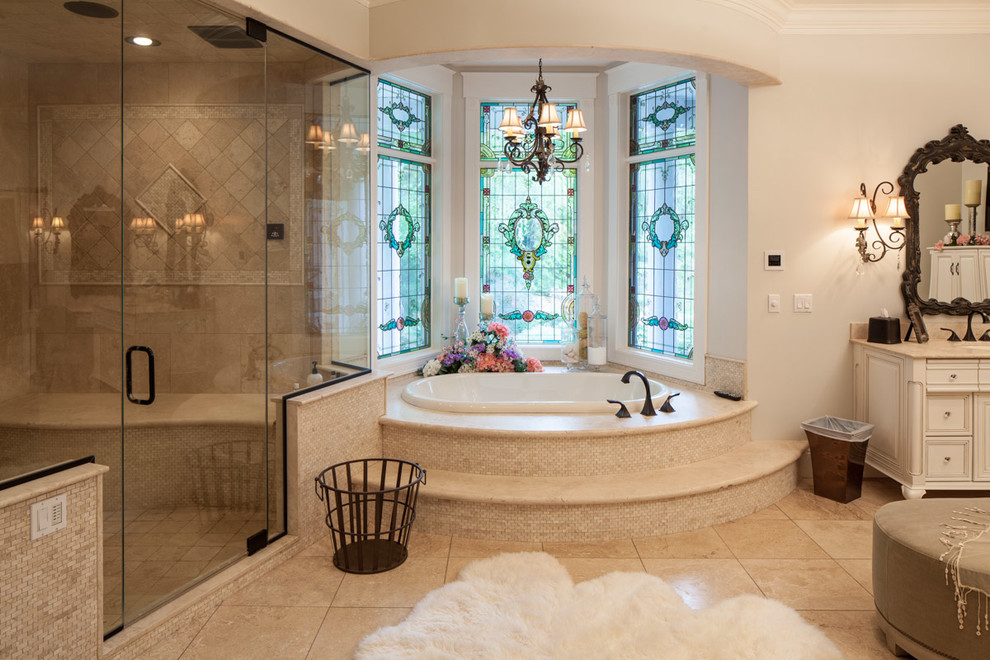 Inspiration for a large transitional master beige tile and porcelain tile porcelain tile bathroom remodel in Other with beaded inset cabinets, white cabinets, black walls, an undermount sink and glass countertops