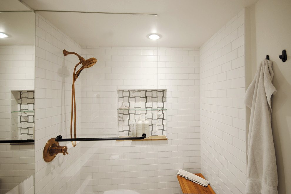 Inspiration for a small contemporary ensuite bathroom in Vancouver with a submerged sink, shaker cabinets, white cabinets, engineered stone worktops, a walk-in shower, a two-piece toilet, white tiles, ceramic tiles, white walls and porcelain flooring.
