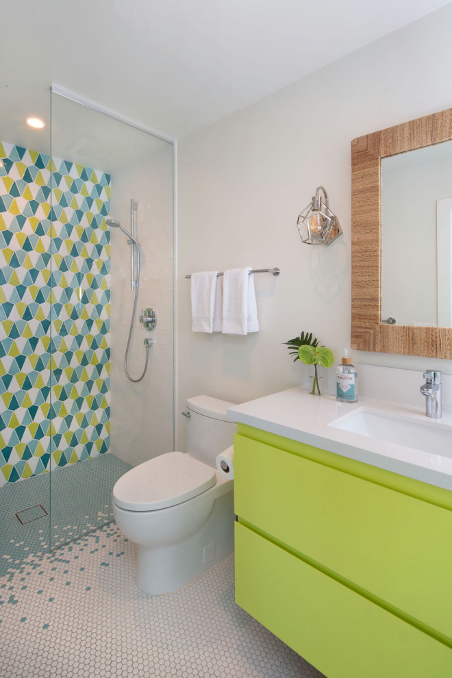 Design ideas for a bohemian shower room bathroom in Santa Barbara with flat-panel cabinets, green cabinets, multi-coloured tiles, white walls, mosaic tile flooring, a submerged sink, multi-coloured floors and white worktops.