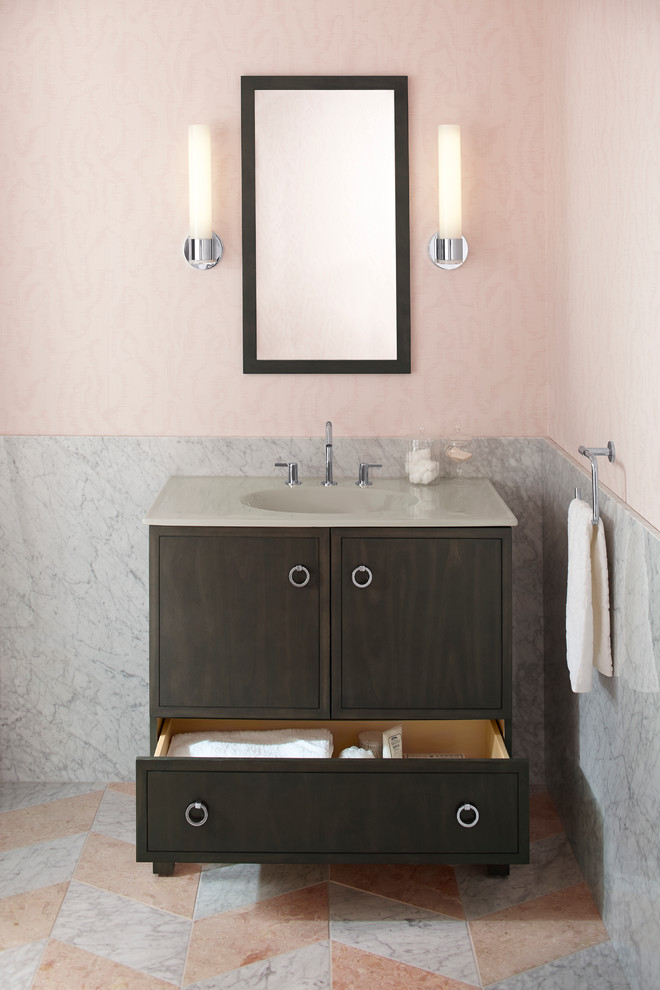 Mid-sized trendy bathroom photo in Other with an integrated sink, furniture-like cabinets and medium tone wood cabinets