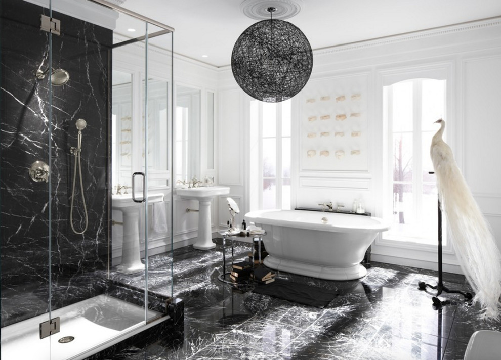 Inspiration for a large contemporary master black tile and stone slab marble floor and black floor bathroom remodel in New Orleans with white walls, a pedestal sink and a hinged shower door