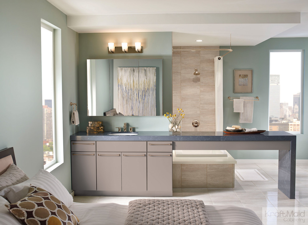 Large trendy master bathroom photo in Detroit with flat-panel cabinets and gray cabinets