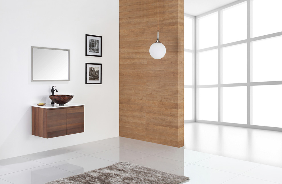 Inspiration för stora moderna badrum, med ett fristående handfat, skåp i mellenmörkt trä, marmorbänkskiva, brun kakel, vita väggar och marmorgolv