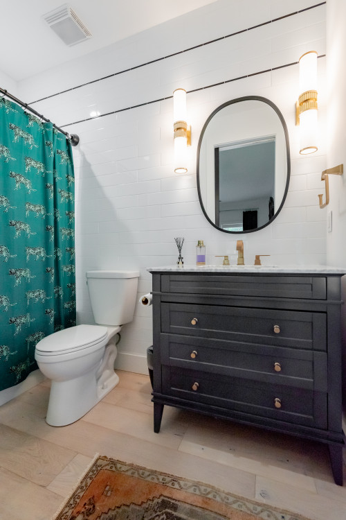 Luxe Appeal: Black Vanity and Teal Shower Curtain Ideas Infused with a Touch of Gold