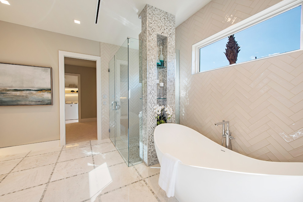 Inspiration for a mid-sized transitional master white tile and stone tile marble floor bathroom remodel in Miami with recessed-panel cabinets, gray cabinets, a one-piece toilet, gray walls, an undermount sink and marble countertops
