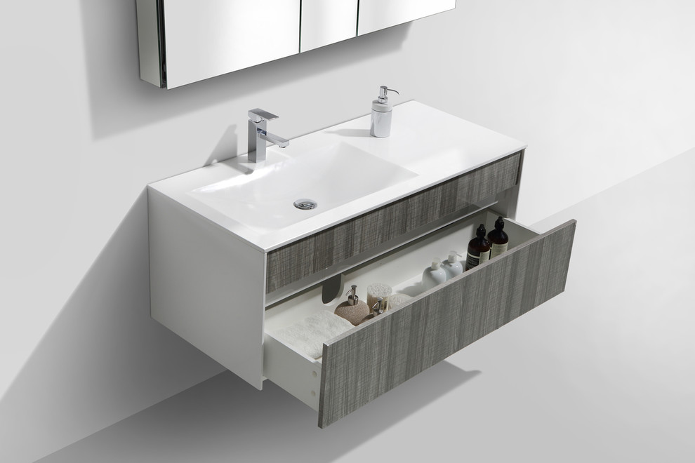 Photo of a small modern bathroom in Toronto with open cabinets, medium wood cabinets, a freestanding bath, a walk-in shower, a submerged sink and laminate worktops.