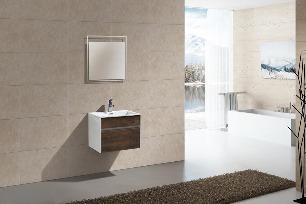 Kleines Modernes Duschbad mit offenen Schränken, hellbraunen Holzschränken, freistehender Badewanne, offener Dusche, weißen Fliesen und Laminat-Waschtisch in Toronto