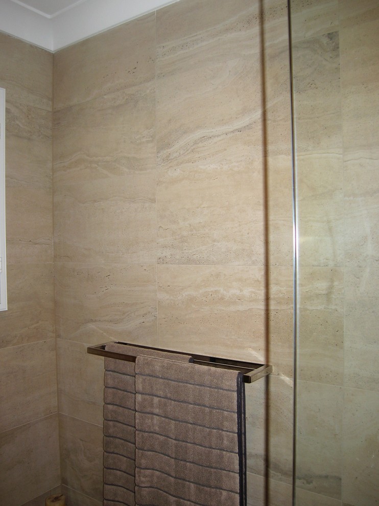 Design ideas for a medium sized contemporary ensuite bathroom in Sydney with a walk-in shower, beige tiles, porcelain tiles, beige walls, porcelain flooring and beige floors.