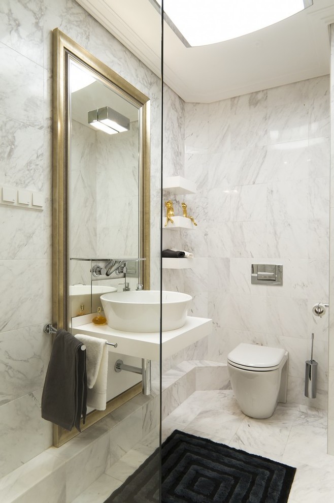 Trendy 3/4 white tile and marble tile white floor bathroom photo in Other with a two-piece toilet and a vessel sink