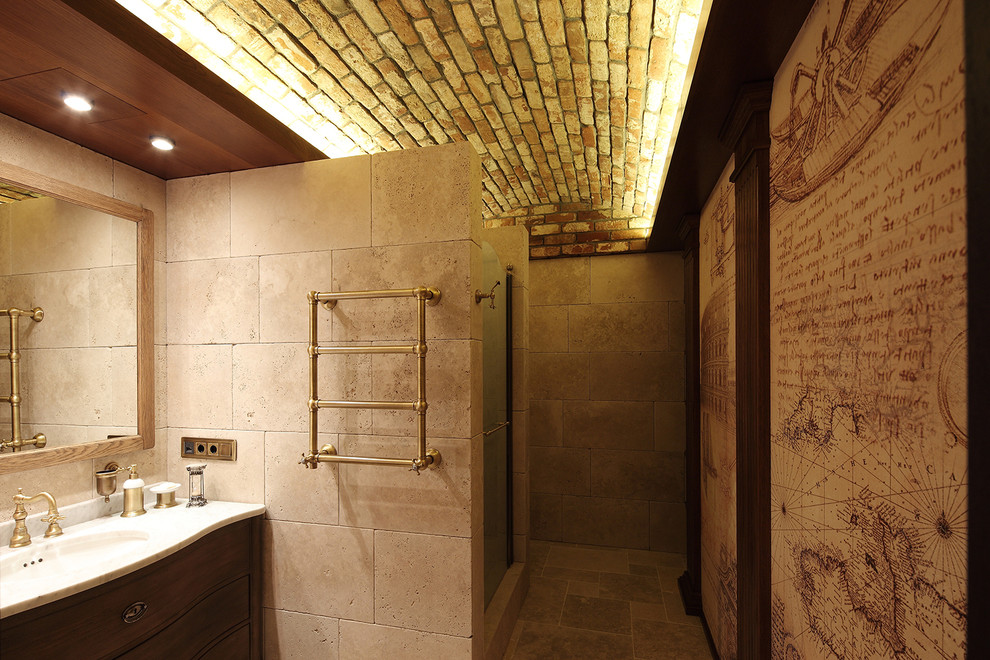 Idéer för ett industriellt badrum med dusch, med ett undermonterad handfat