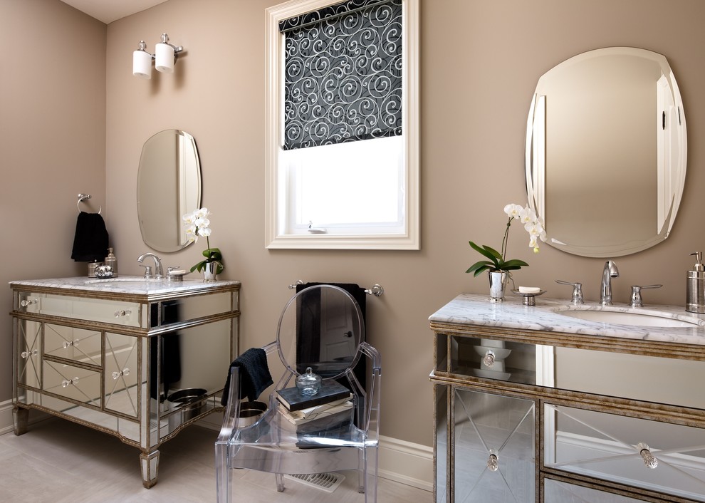 Transitional bathroom photo in Toronto with an undermount sink and furniture-like cabinets