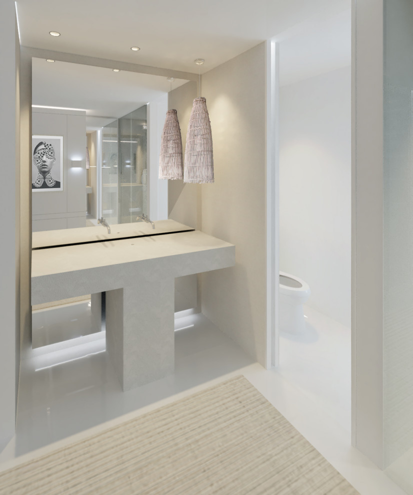 Doorless shower - small contemporary master porcelain tile porcelain tile and white floor doorless shower idea in Other with flat-panel cabinets, a one-piece toilet, white walls, an integrated sink, marble countertops and a hinged shower door