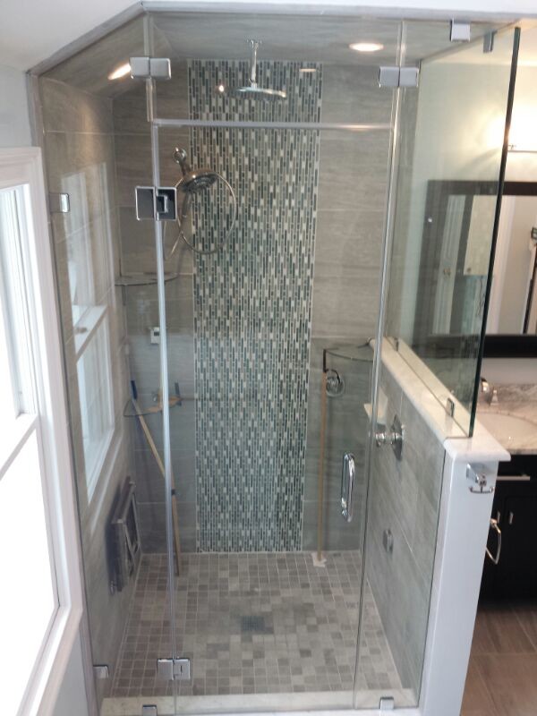 Lshape steam shower door in New Canaan CT Bathroom New York by Paragon Glass & Aluminum