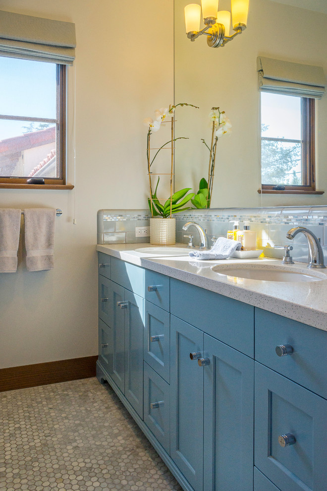Example of a mid-sized tuscan master bathroom design in Los Angeles with flat-panel cabinets and blue cabinets