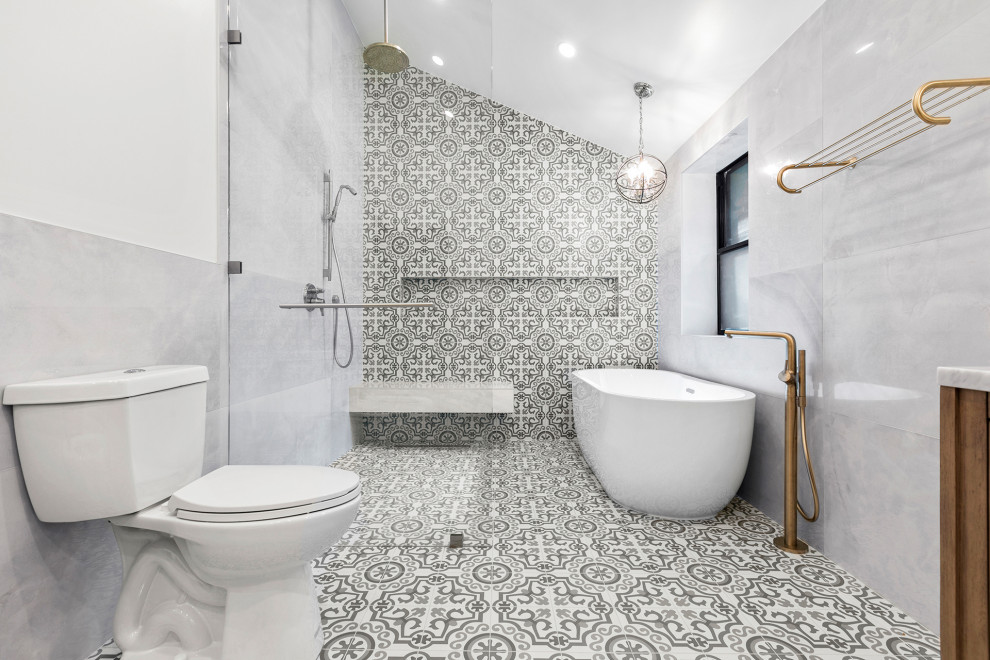 Inspiration for a large transitional master white tile and porcelain tile cement tile floor, double-sink and vaulted ceiling bathroom remodel in Los Angeles with shaker cabinets, light wood cabinets, white walls and a freestanding vanity