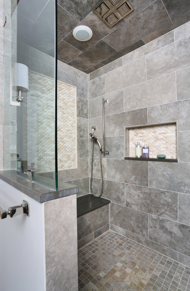 Medium sized modern ensuite bathroom in Chicago with a double shower, grey tiles, porcelain tiles, grey walls and porcelain flooring.