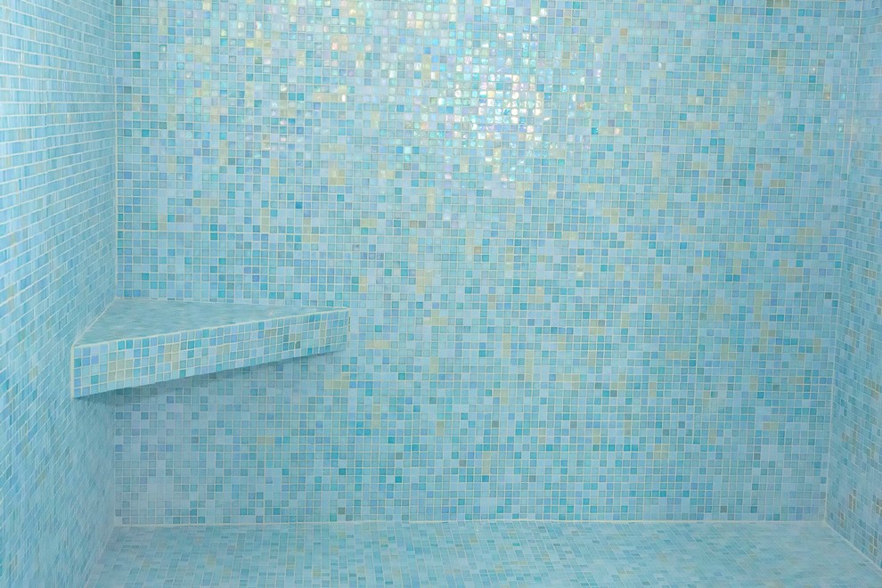 Alcove shower - mid-sized modern kids' blue tile and glass tile ceramic tile alcove shower idea in San Diego with flat-panel cabinets, white cabinets, a one-piece toilet, white walls, an undermount sink and quartzite countertops