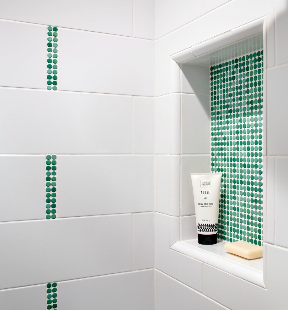 Small beach style shower room bathroom in San Francisco with an alcove shower, blue tiles, ceramic tiles, grey walls, ceramic flooring and a two-piece toilet.