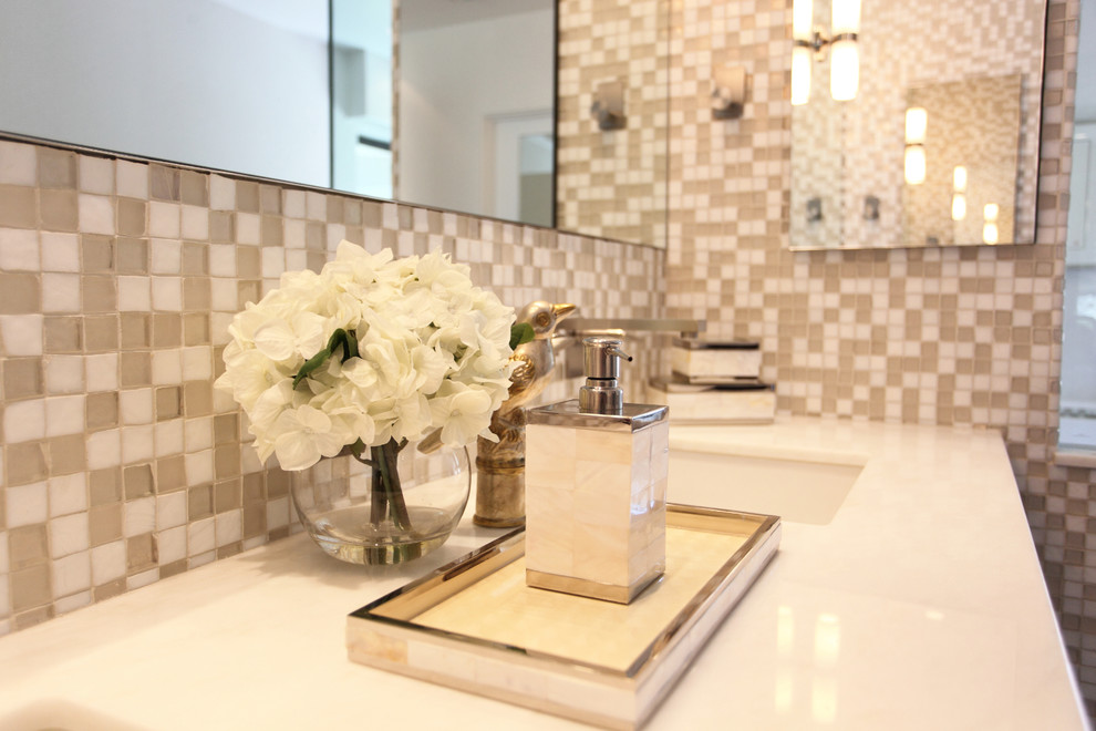 Bathroom - mid-sized modern master multicolored tile and glass tile ceramic tile bathroom idea in Los Angeles with white walls, flat-panel cabinets, dark wood cabinets, an undermount sink and marble countertops