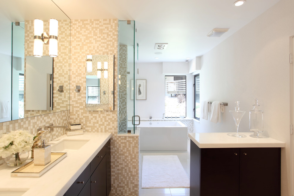 Mid-sized minimalist master multicolored tile and glass tile ceramic tile bathroom photo in Los Angeles with dark wood cabinets, an undermount sink, white walls, flat-panel cabinets and marble countertops