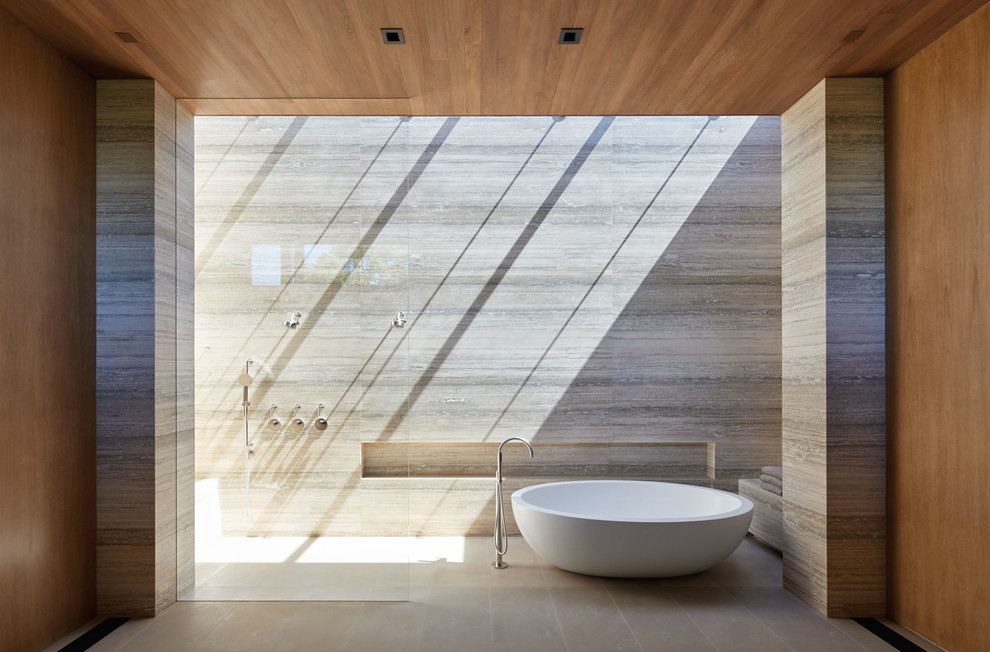 Bathroom - large modern master travertine tile and gray tile limestone floor and beige floor bathroom idea in Other with gray walls