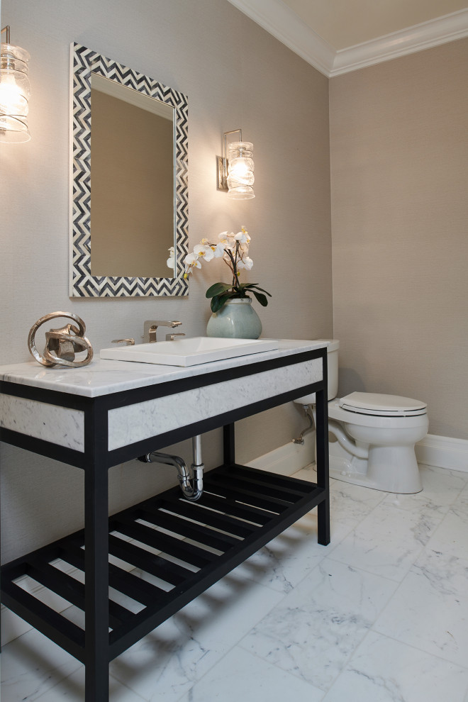 This is an example of a traditional bathroom in Los Angeles with black cabinets, beige walls, marble flooring, engineered stone worktops, white floors and white worktops.