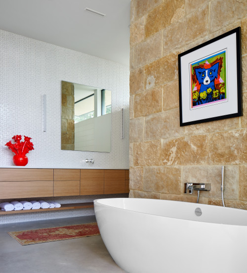 Artistic Elegance: Elevate Your Bathroom with Wood Vanity and Geometric Wallpaper