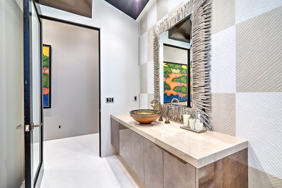Design ideas for a large contemporary shower room bathroom in Orange County with flat-panel cabinets, medium wood cabinets, beige tiles, white walls, a vessel sink, porcelain tiles and limestone flooring.