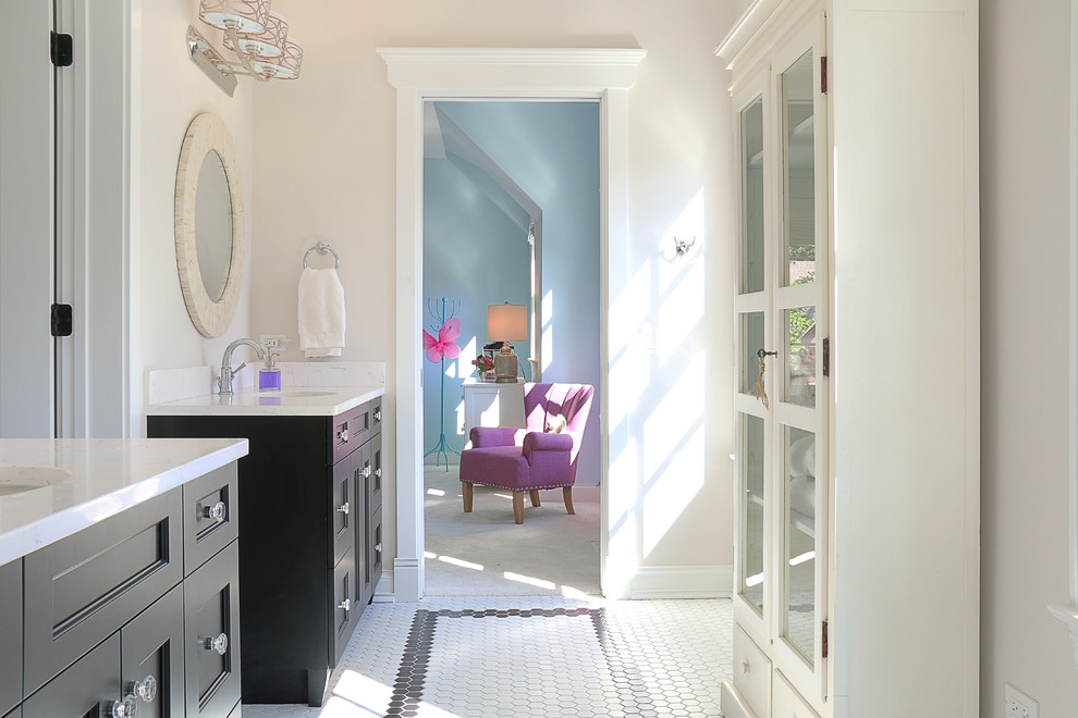 Bathroom - mid-sized country kids' white tile mosaic tile floor and white floor bathroom idea in Chicago with beaded inset cabinets, black cabinets, marble countertops, beige walls and an undermount sink