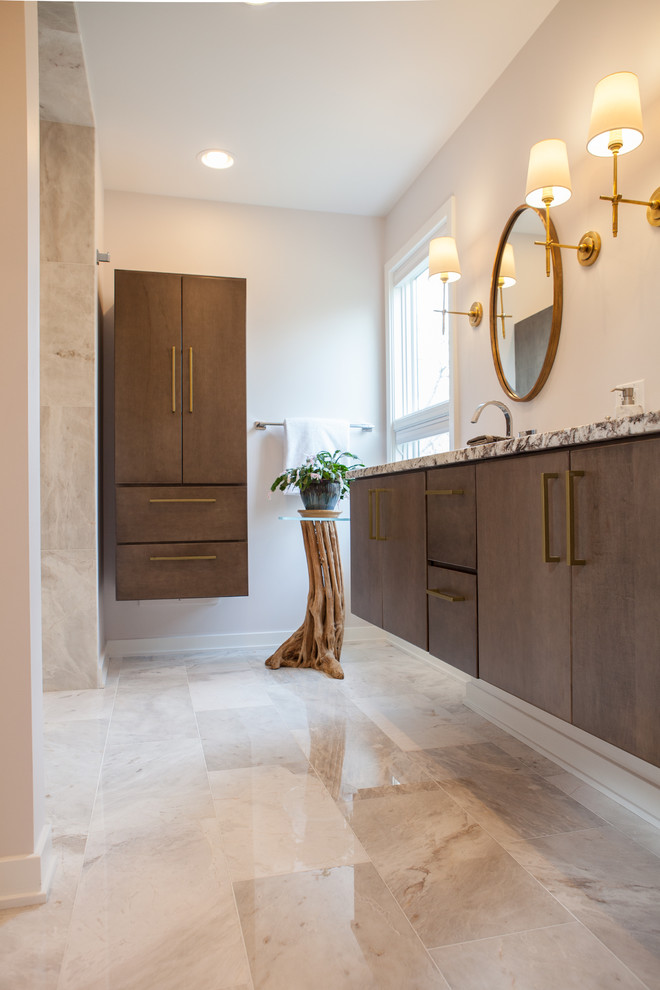 Design ideas for a large retro ensuite bathroom in Chicago with flat-panel cabinets, medium wood cabinets, grey tiles, stone tiles, grey walls, marble flooring, a submerged sink, granite worktops, beige floors, a corner shower and an open shower.