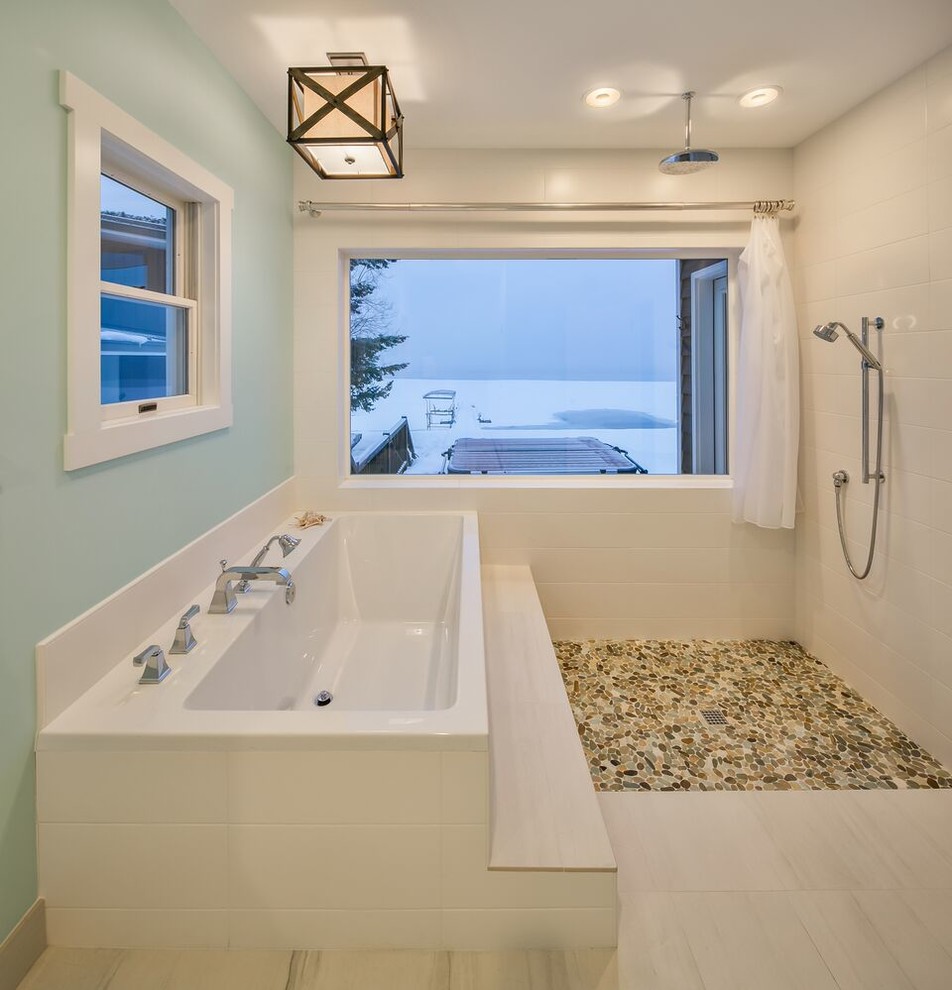 Inspiration for a mid-sized craftsman master beige tile and ceramic tile ceramic tile and beige floor bathroom remodel in Other with recessed-panel cabinets, white cabinets, a two-piece toilet, blue walls, an undermount sink and quartz countertops