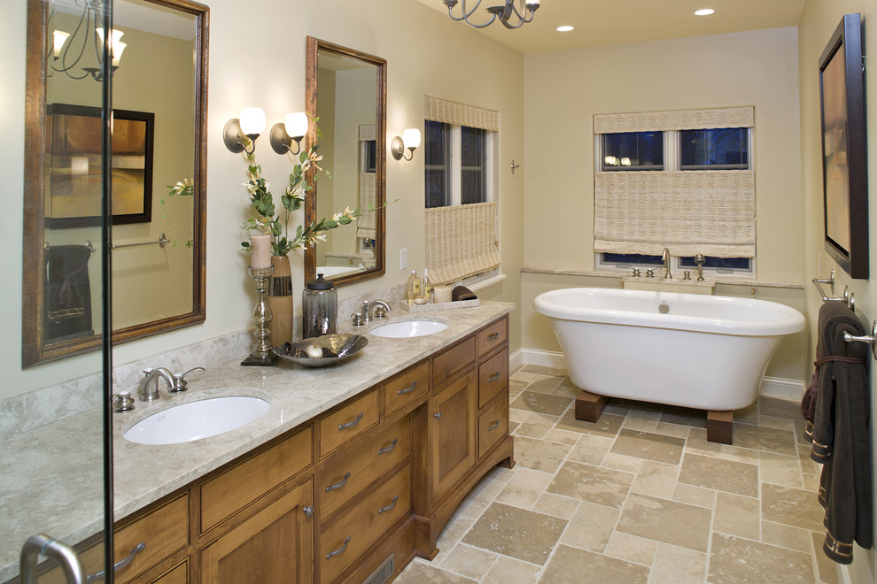 Design ideas for a traditional bathroom in Minneapolis with marble worktops.