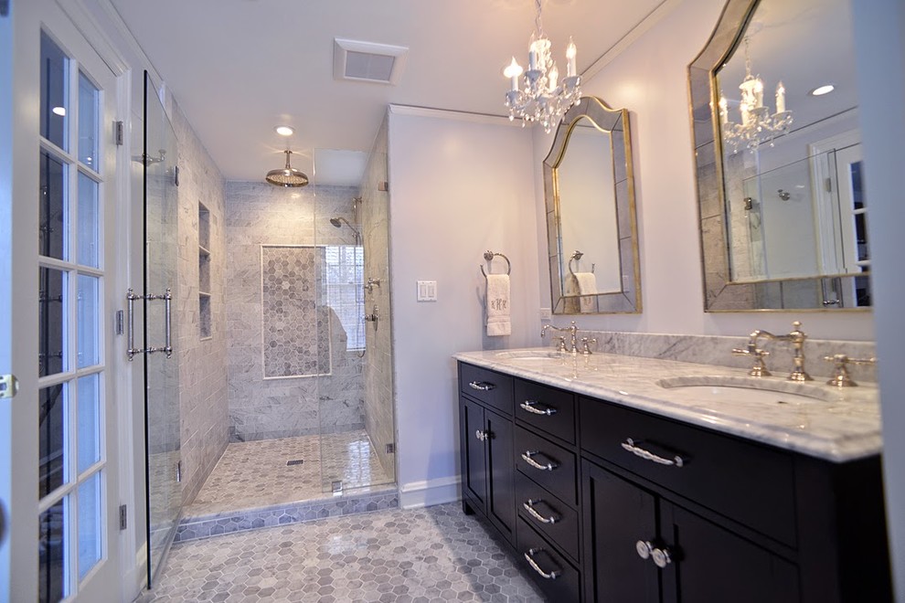 Double shower - mid-sized traditional master white tile mosaic tile floor double shower idea in Chicago with an integrated sink, furniture-like cabinets, dark wood cabinets, marble countertops, a one-piece toilet and white walls