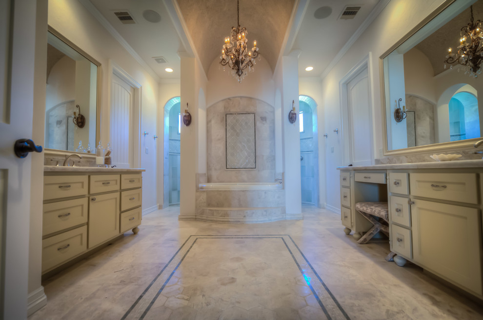 Mid-sized transitional master beige tile and porcelain tile porcelain tile and beige floor bathroom photo in Minneapolis with beaded inset cabinets, white cabinets, beige walls, an undermount sink and granite countertops