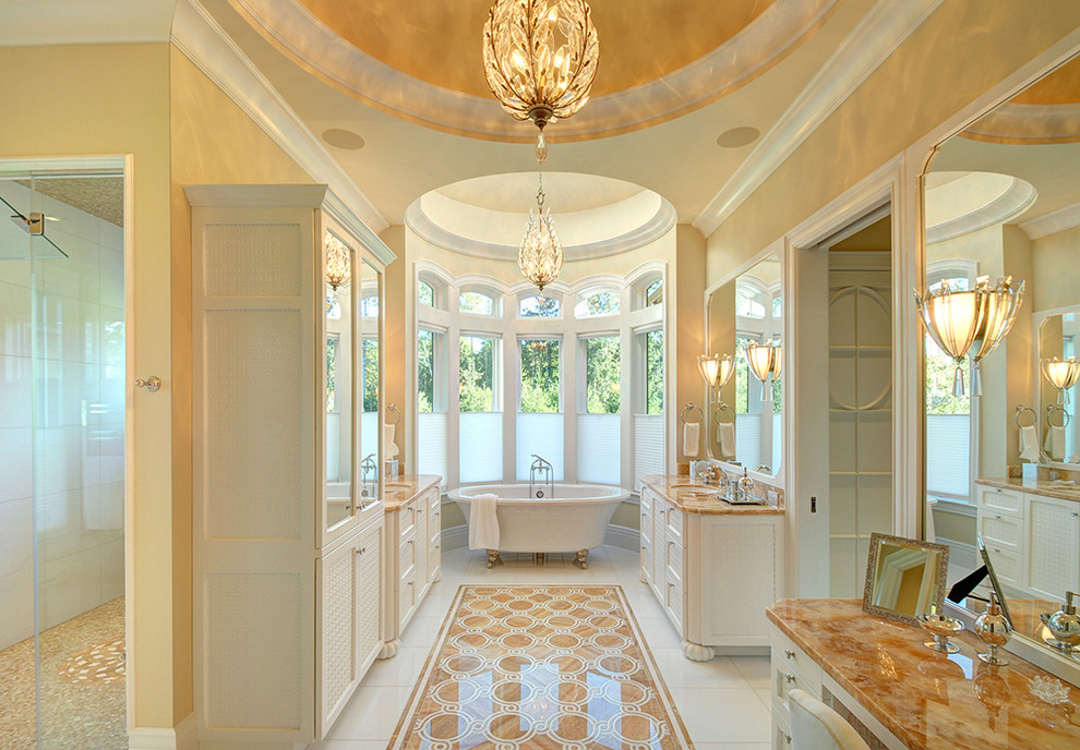 Bathroom - huge traditional master bathroom idea in New York with yellow walls, an undermount sink, recessed-panel cabinets, white cabinets and a hinged shower door