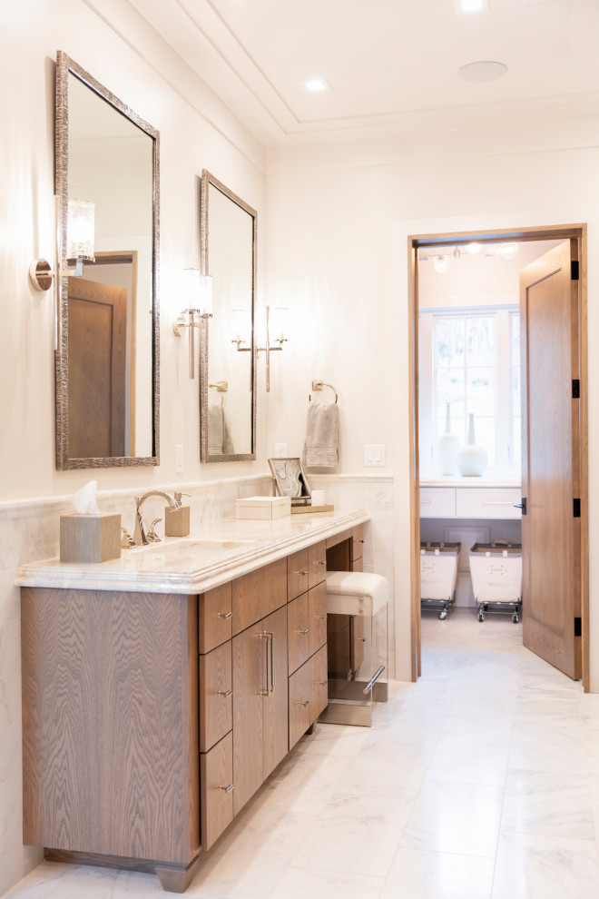 Bathroom - mid-sized coastal master white tile and porcelain tile white floor, double-sink, marble floor, vaulted ceiling and wood wall bathroom idea in Other with open cabinets, a two-piece toilet, white walls, an undermount sink, marble countertops, white countertops, a freestanding vanity and a niche